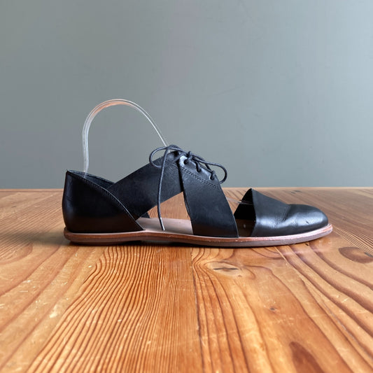 7.5 - Loeffler Randall Black Leather Willa Pointed Lace Up Flats Shoes 0619SM