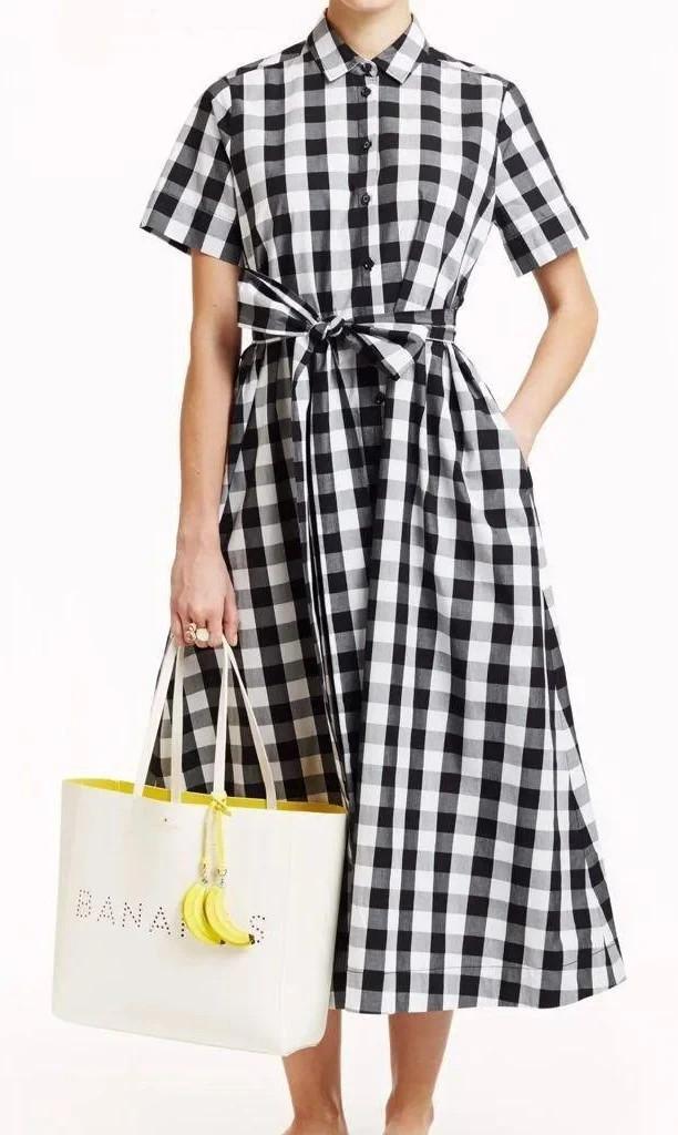 S - Broome Street Kate Spade Black White Gingham Short Sleeve Midi Dress 0103JM
