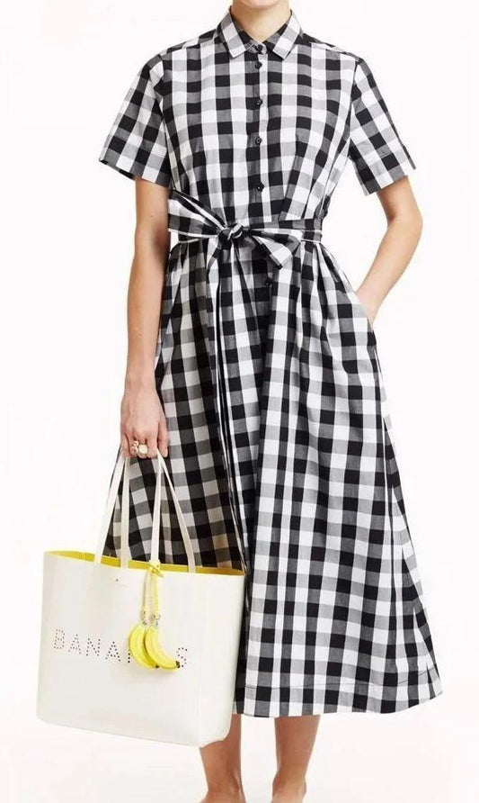S - Broome Street Kate Spade Black White Gingham Short Sleeve Midi Dress 0103JM