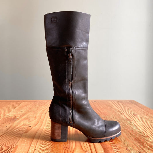 8.5 - Sorel Black Leather Suede Waterproof Addington Tall Heeled Boots 0830QL