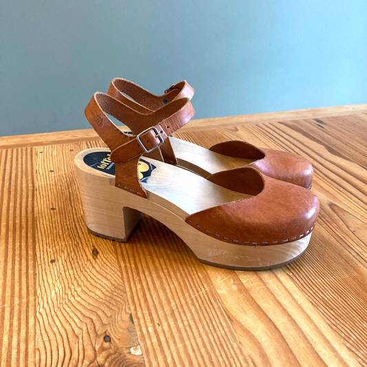39 - Swedish Hasbeens Brown Leather Wooden Platform Krillan Clogs Shoes 1201LI