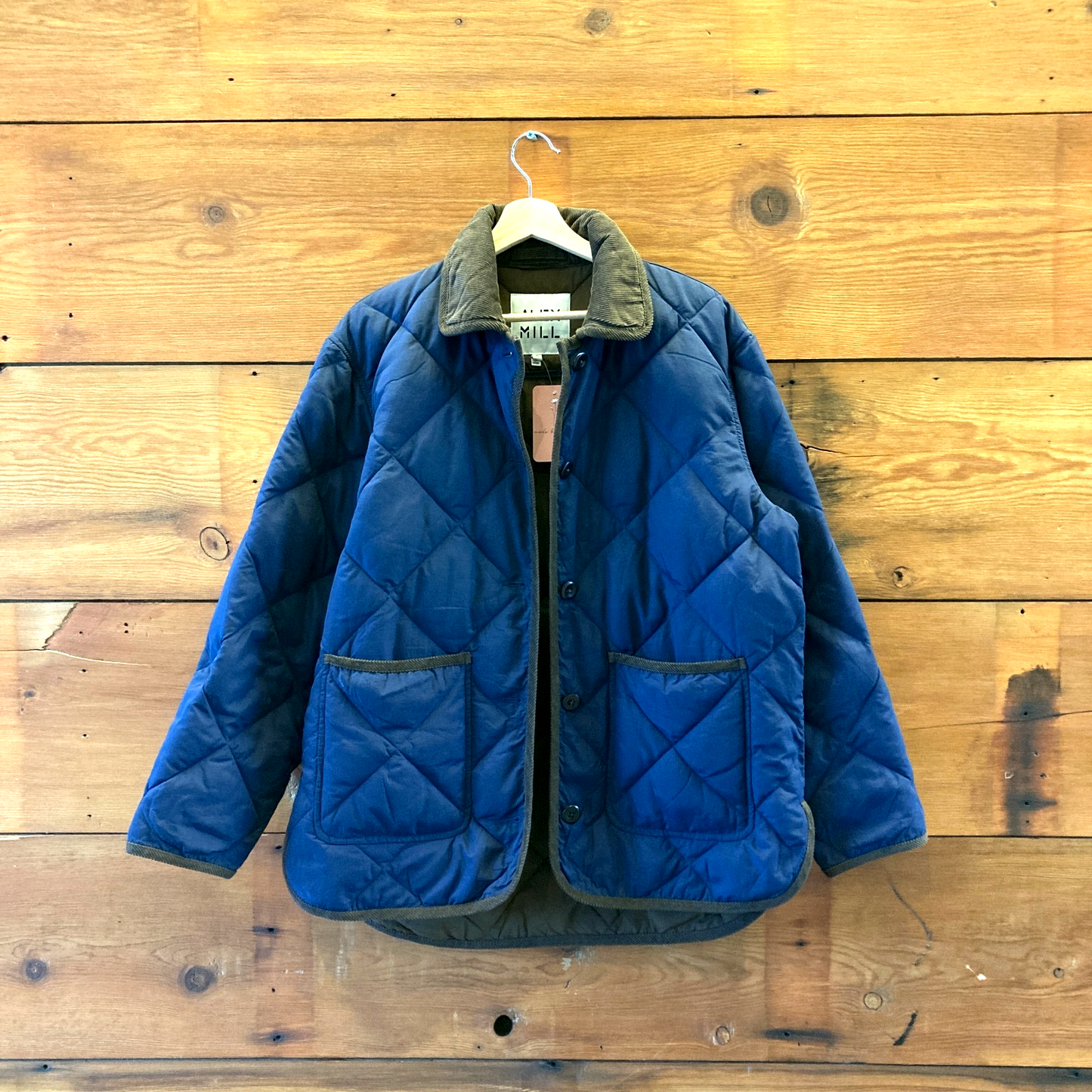 M - Alex Mill Navy Blue Brown Quilted Oversized Utility Barn Jacket 0815CJ