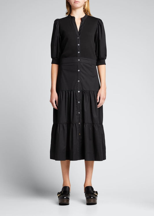 M / L - Veronica Beard Black Short Sleeve Davenport Tiered Midi Dress 0222MF