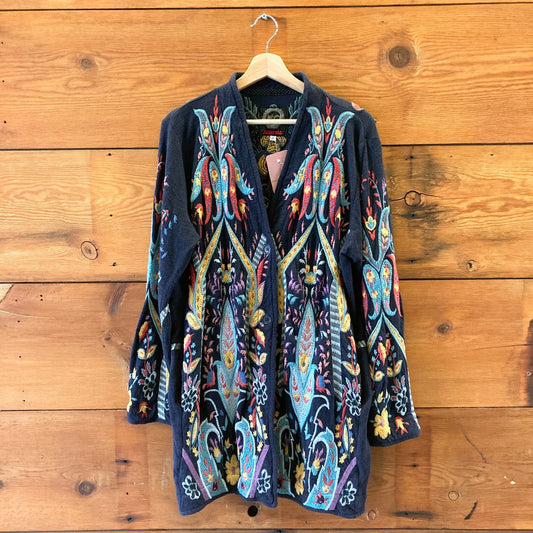 L - BIYA Johnny Was Black Embroidered Floral Cardigan Sweater 1031LF