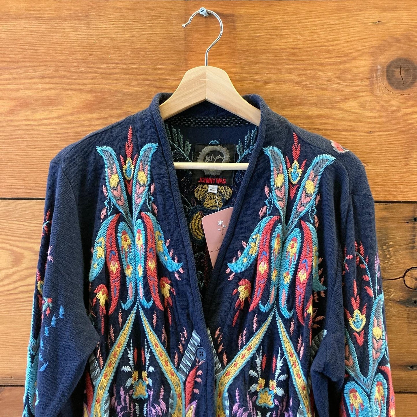 L - BIYA Johnny Was Black Embroidered Floral Cardigan Sweater 1031LF