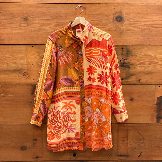 S - Farm Rio Silky Mixed Scarves Patterned Button Up Chemise Dress Tunic 0812LD