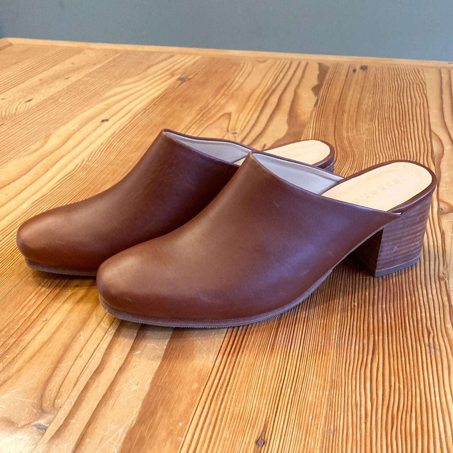 10 - Nisolo Brown Leather Stacked Heel Open Back All-Day Mules Shoes 0520MF