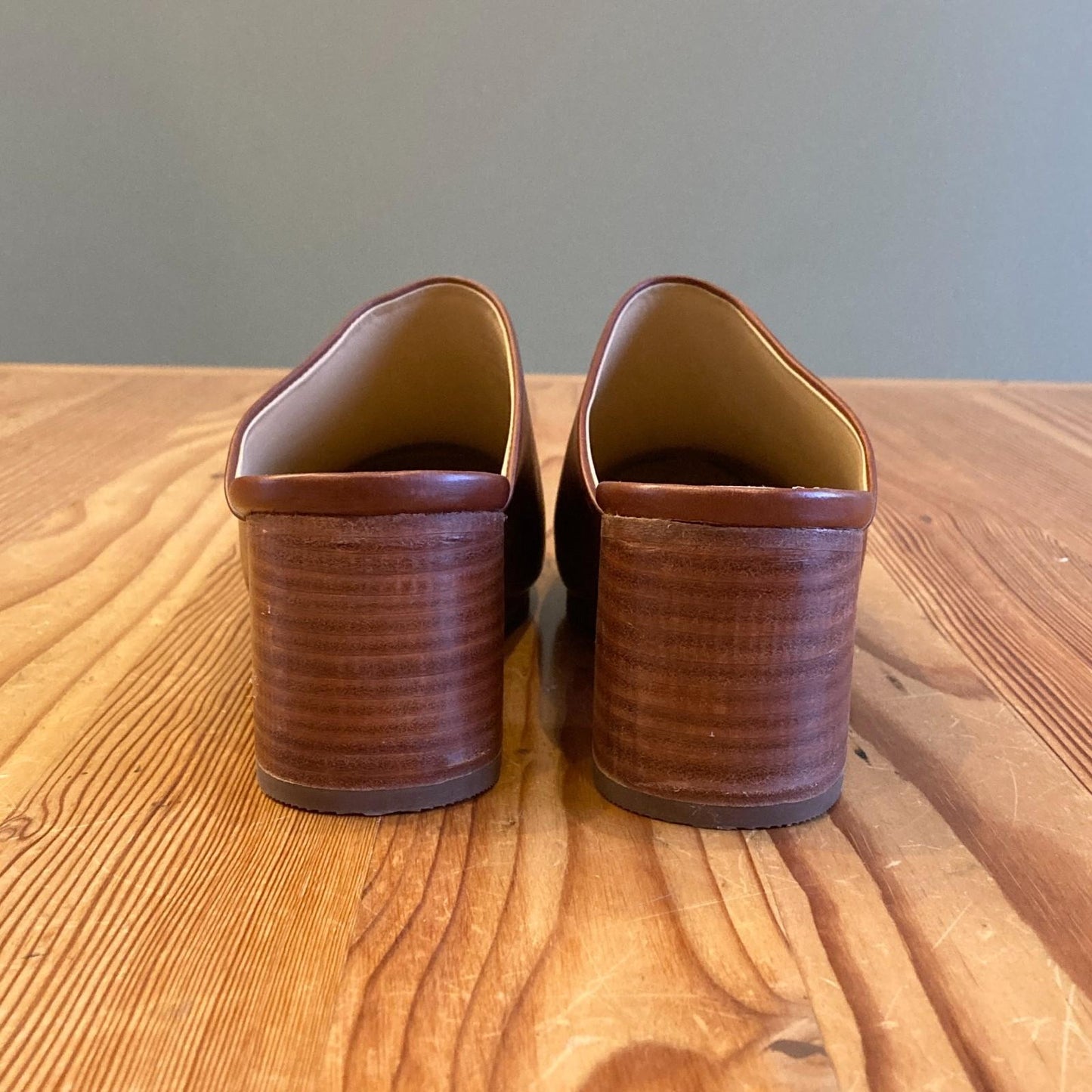 10 - Nisolo Brown Leather Stacked Heel Open Back All-Day Mules Shoes 0520MF