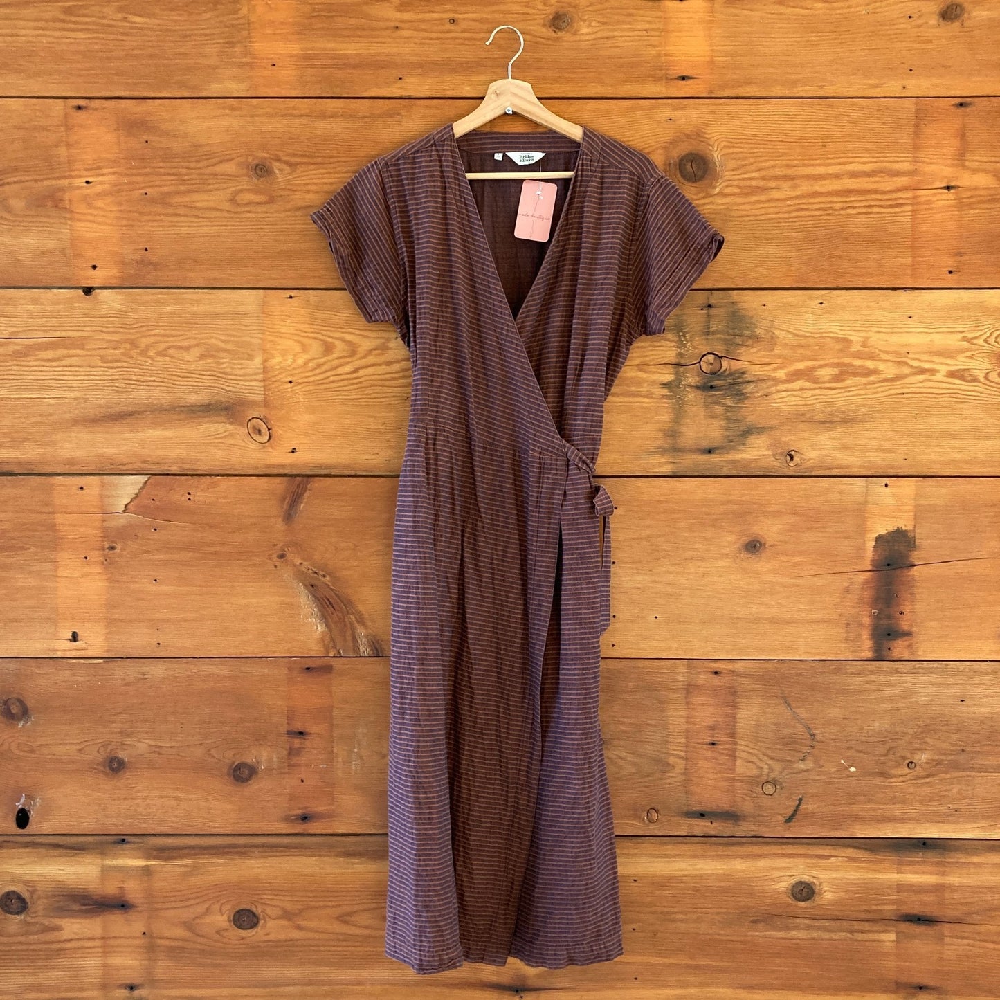 L - Bridge & Burn Brown Striped Short Sleeve Wrap Cotton Hemp Saria Dress 0929LL