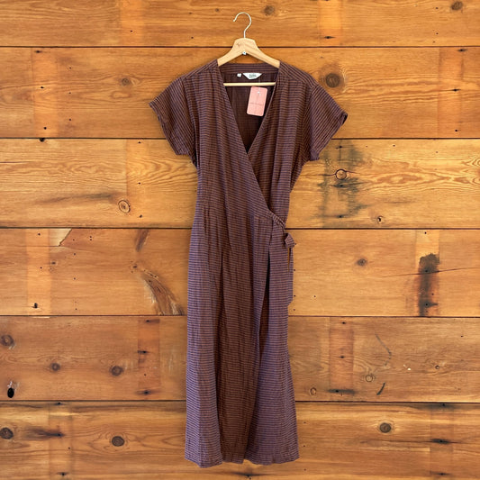 L - Bridge & Burn Brown Striped Short Sleeve Wrap Cotton Hemp Saria Dress 0929LL