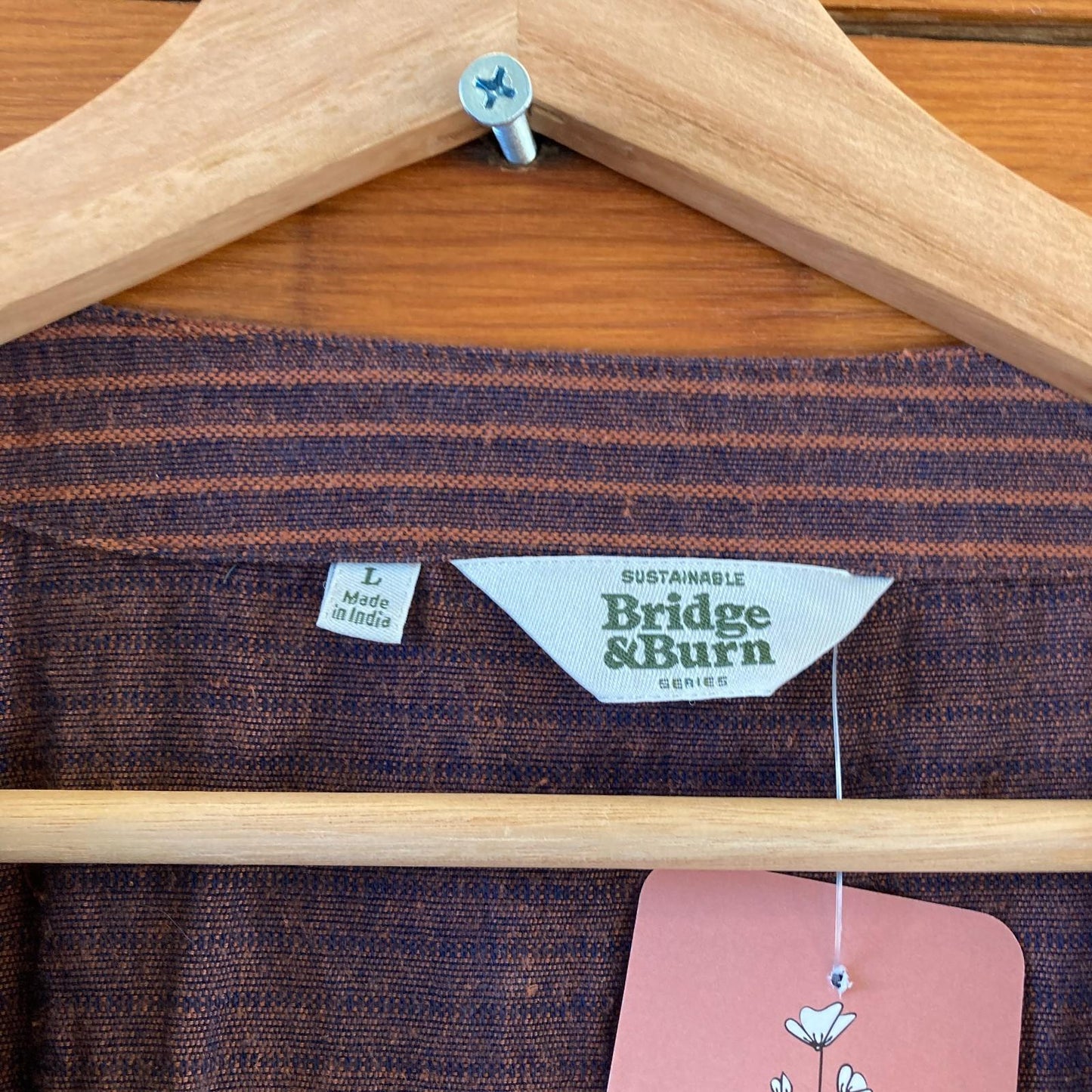 L - Bridge & Burn Brown Striped Short Sleeve Wrap Cotton Hemp Saria Dress 0929LL