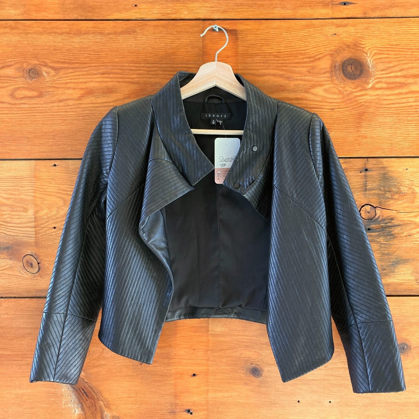 P / XS - Theory Black Thoroughbred Leather Embry Open Front Jacket 0619SM