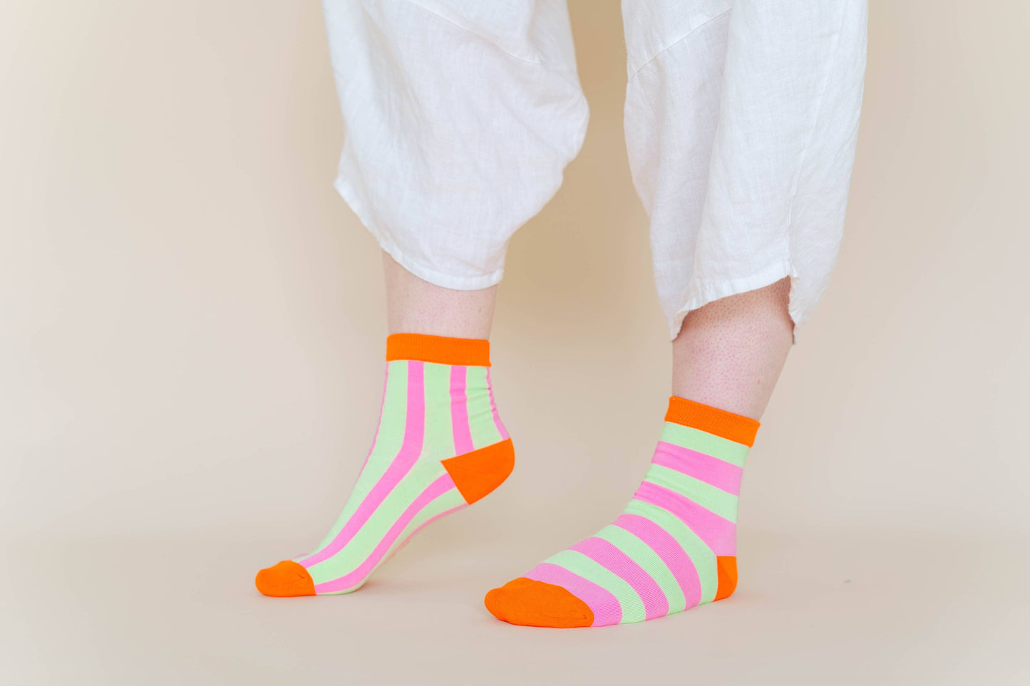Nettle Studios - Women’s Cotton Ankle Socks - Pink Yellow Stripes