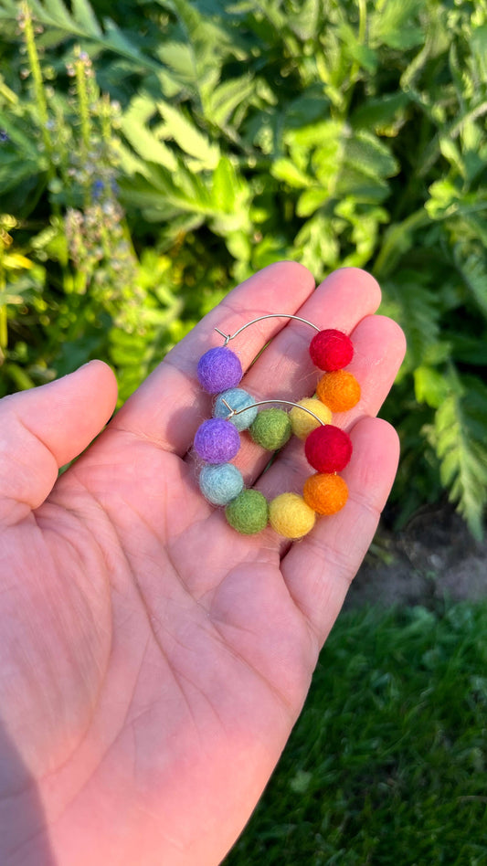 Honey Loom Designs - Rainbow Felt Ball Hoop Earring