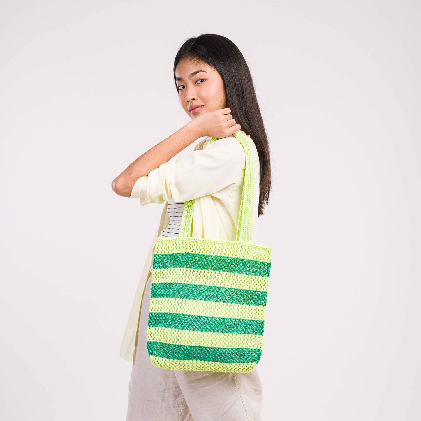VERLOOP | knits - Stripe Raffia Tote: Lime Green