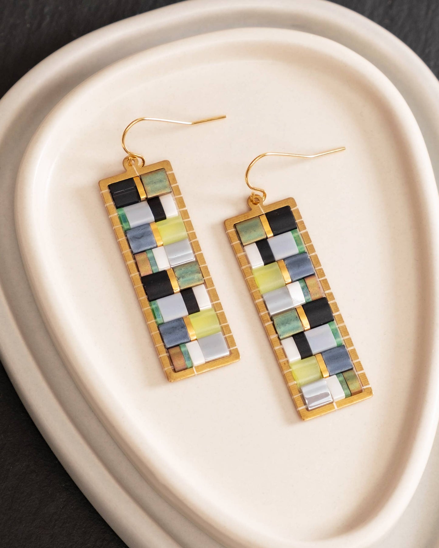 Mayana Designs Co - Beaded Handwoven Mosaic Tila and Brass Earrings (Green/Grey)