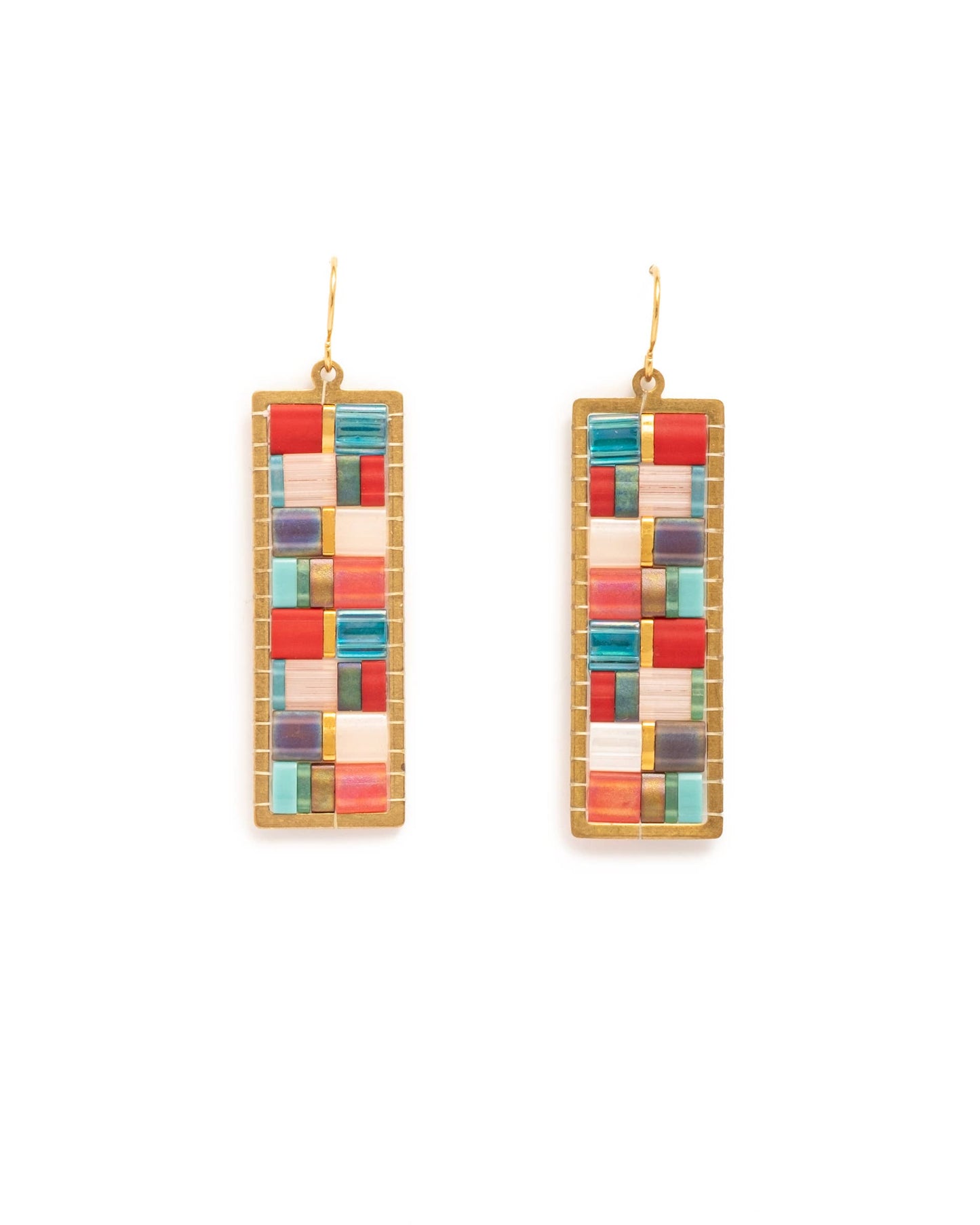 Mayana Designs Co - Beaded Handwoven Mosaic Tila and Brass Earrings (Green/Grey)