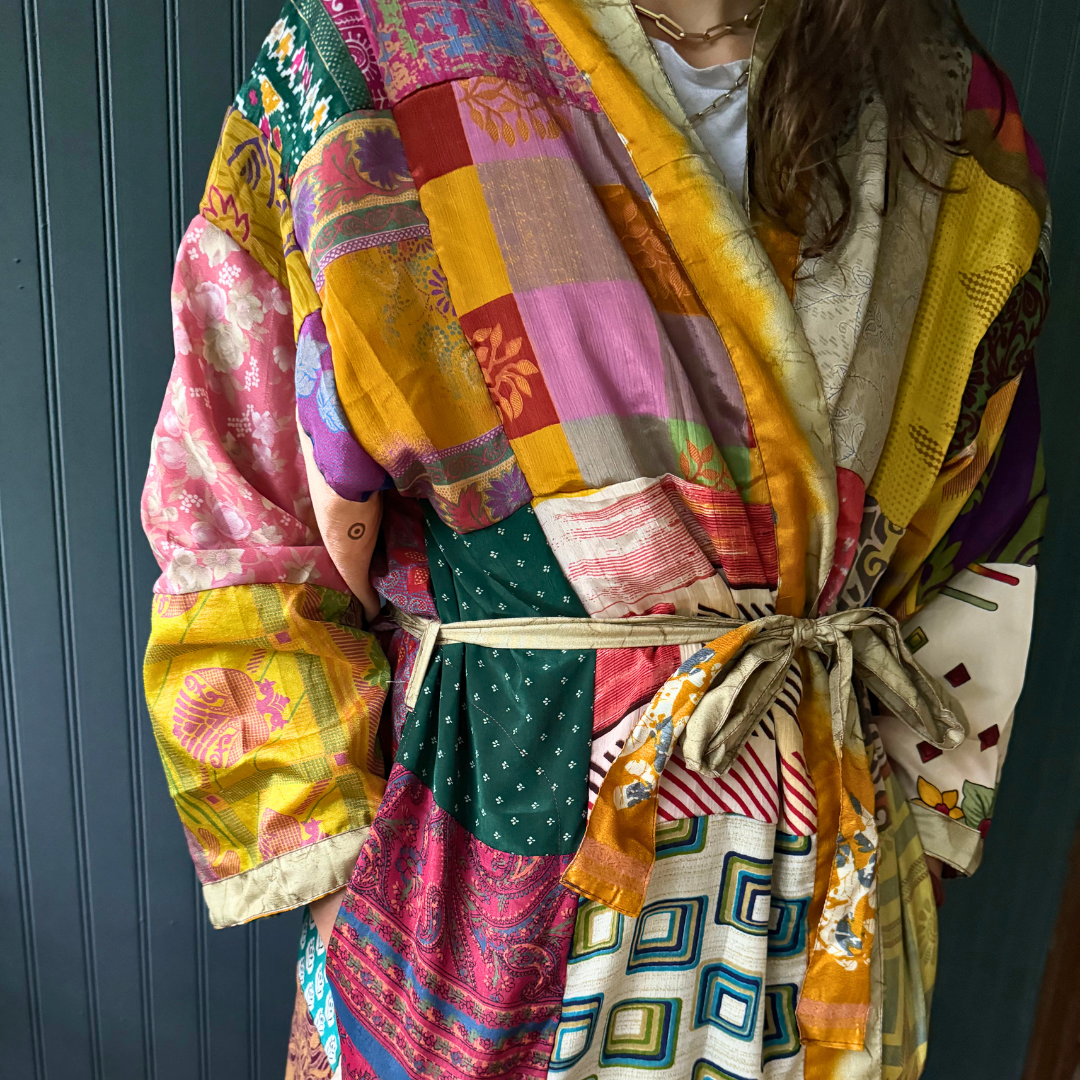 Seeds - Patchwork Silk Robe | Upcycled Silk One Size Reversible