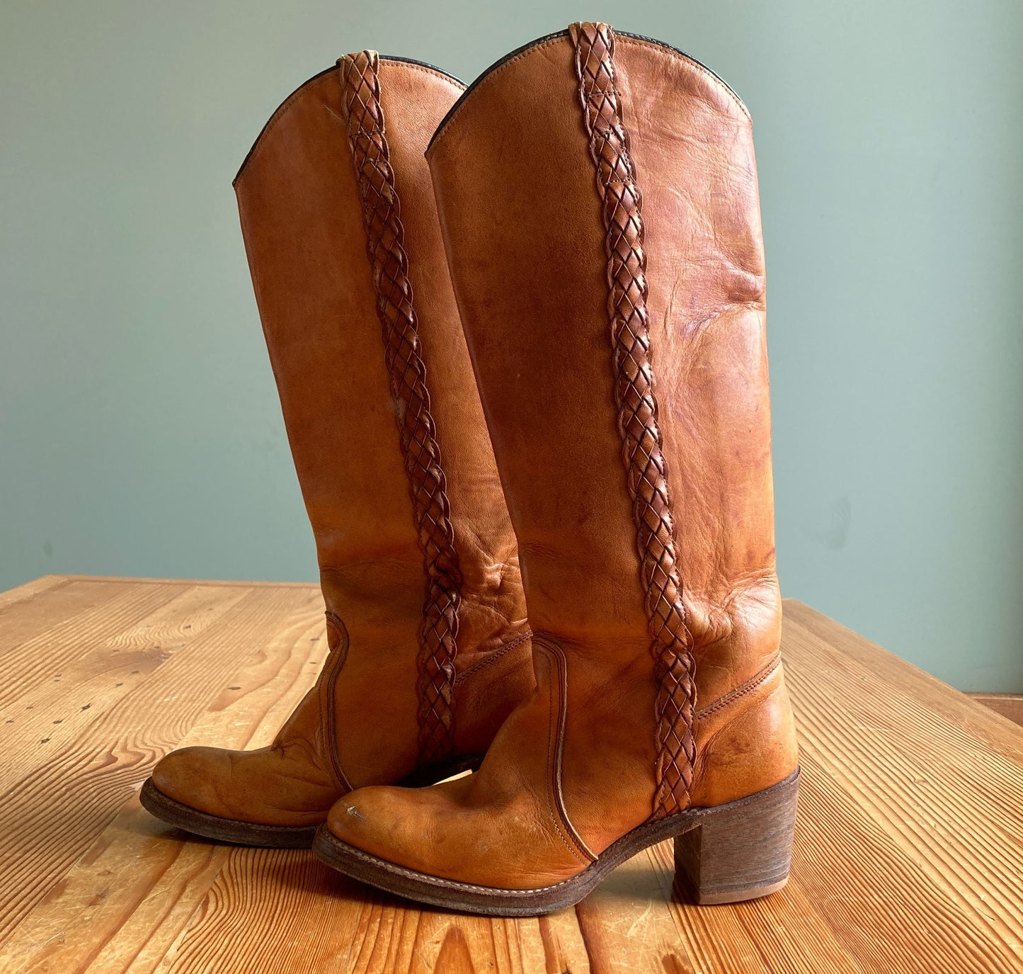 Miss Capezio Vintage 70s Brown Leather Braided Campus Boots - Size 6.5 - 0312IG