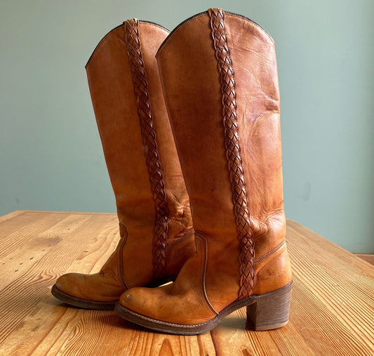 Miss Capezio Vintage 70s Brown Leather Braided Campus Boots - Size 6.5 - 0312IG