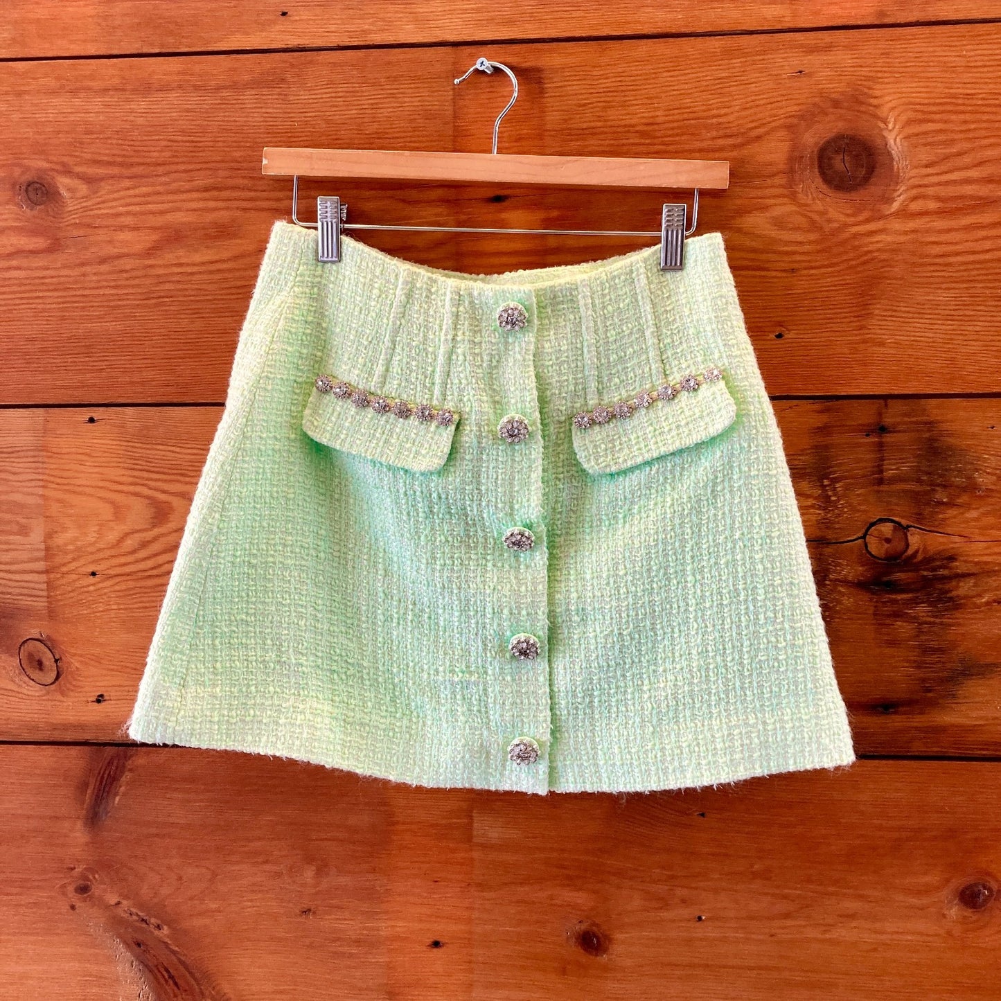 Self Portrait Pale Lime Green Crystal-Trim Tweed Mini Skirt - Size 6 - 1016LD