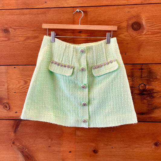 Self Portrait Pale Lime Green Crystal-Trim Tweed Mini Skirt - Size 6 - 1016LD