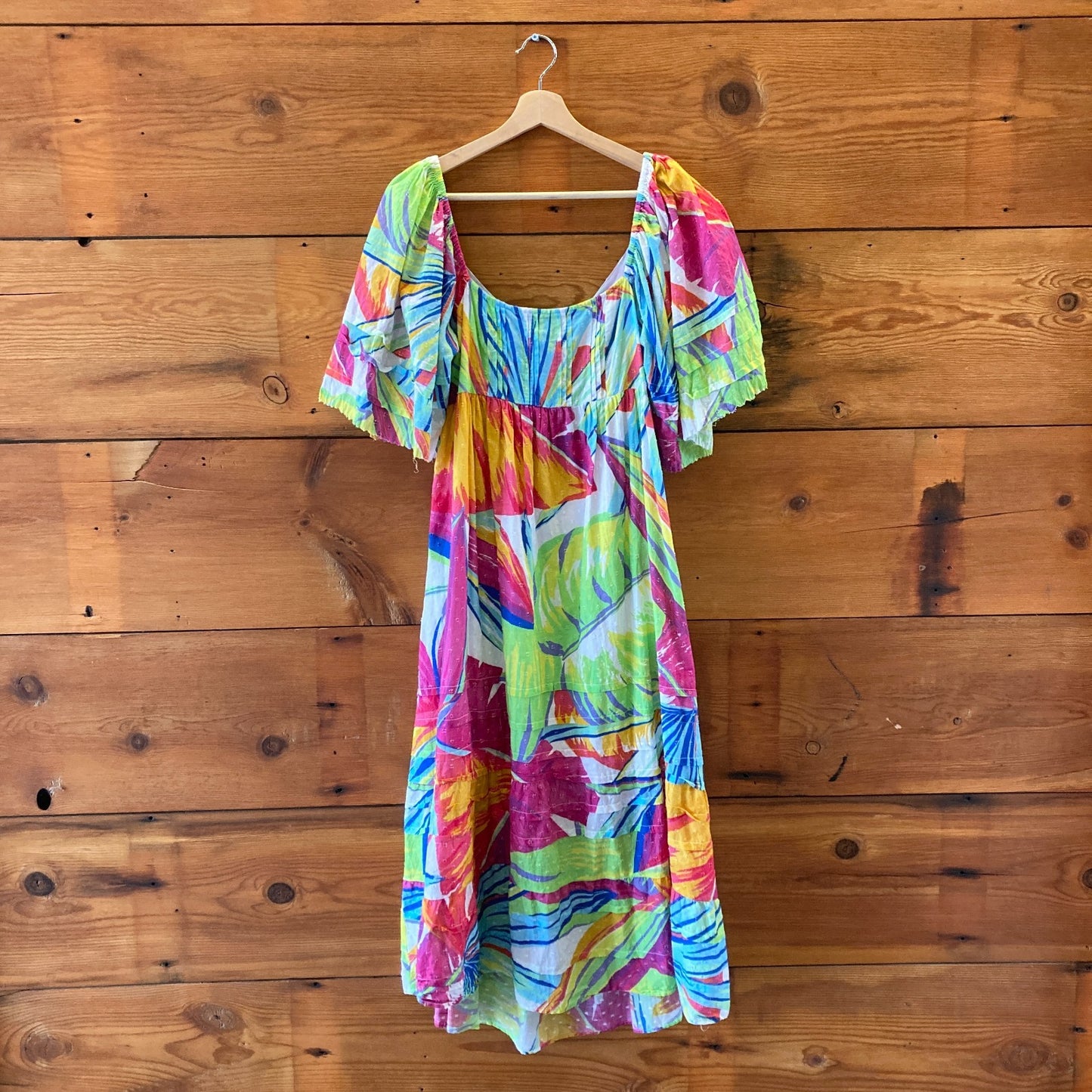 M - Farm Rio Multicolor Rainbow Leaves Print Open Back Midi Dress 1203TR