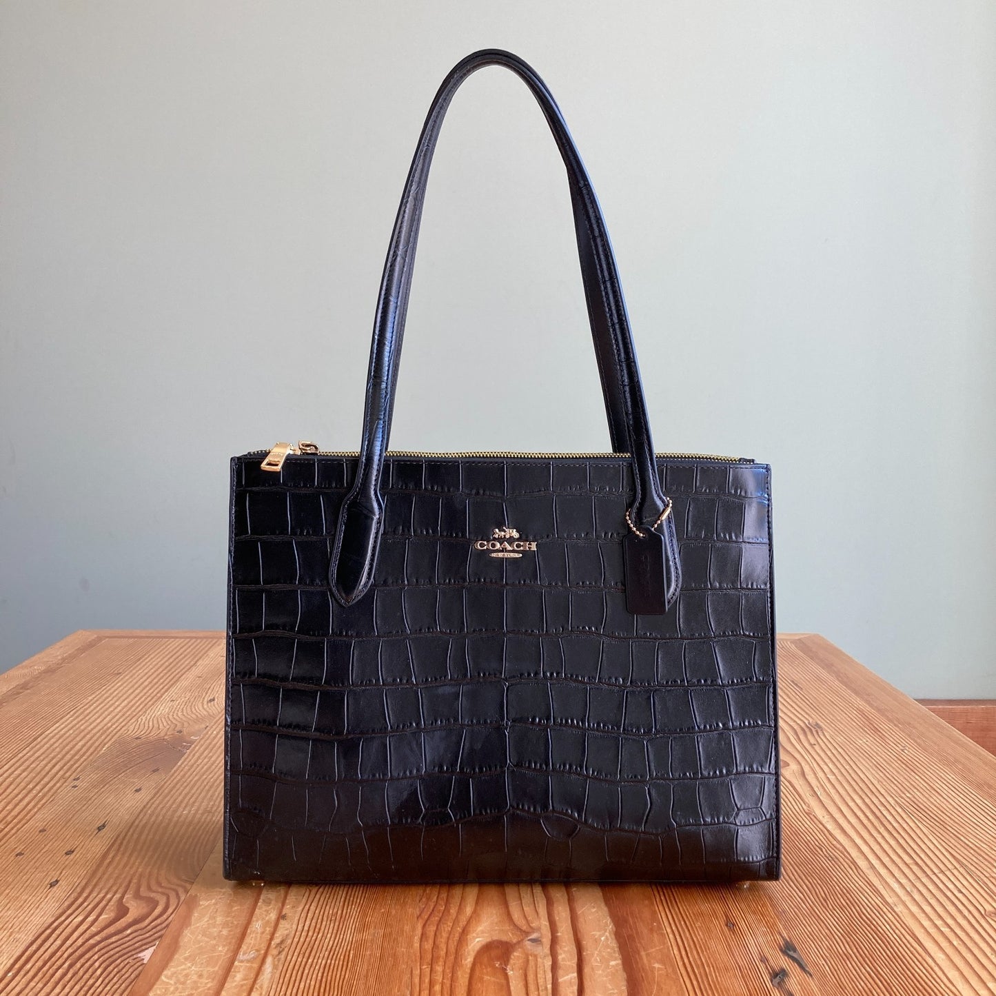 Coach Black Crocodile Embossed Leather Nina Carryall Tote Bag Purse - 0311AY