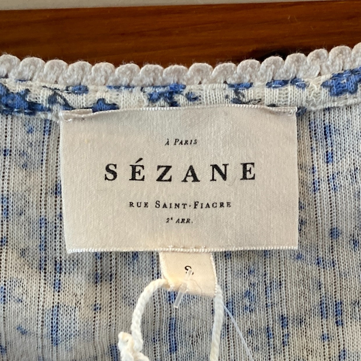 Sezane Blue Floral Pointelle Knit Sweetheart Neckline Shirt - Size S - 0518KR