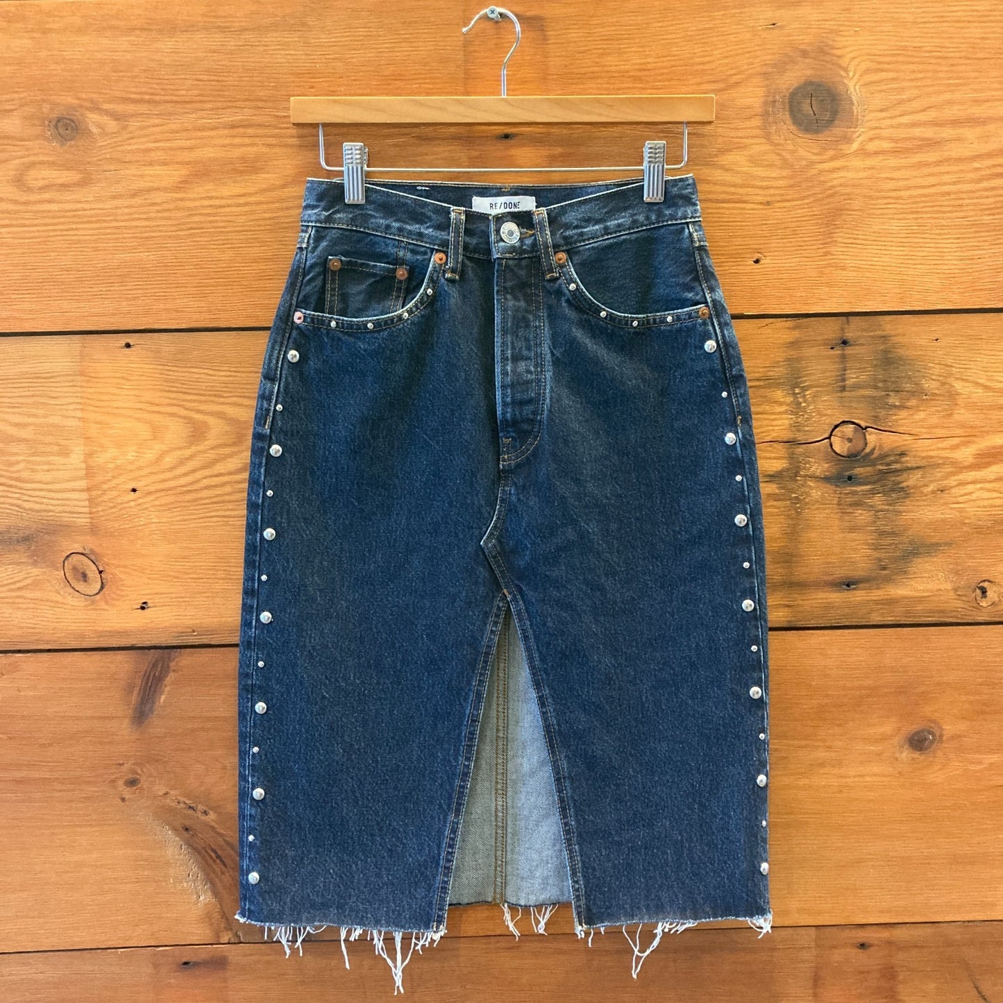 24 - Re/Done Dark Wash Studded Detailing Denim Jean Midi Skirt 0902SD