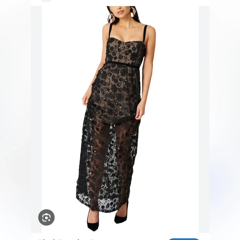 For Love & Lemons Black Lace Beatrice Beaded NEW Maxi Dress - Size S - 0426CR