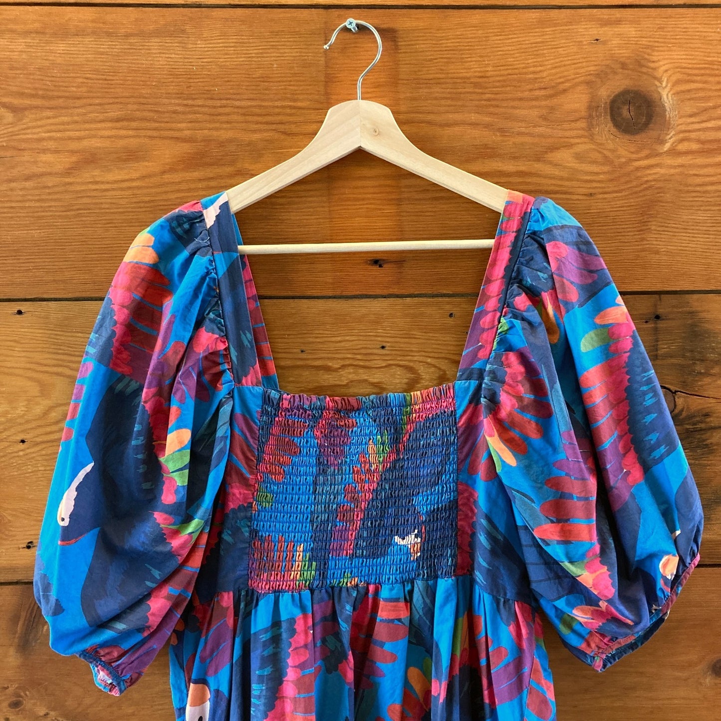 Farm Rio Blue Rainbow Macaw Print Puff Sleeve Mini Dress - Size XL - 0218NM