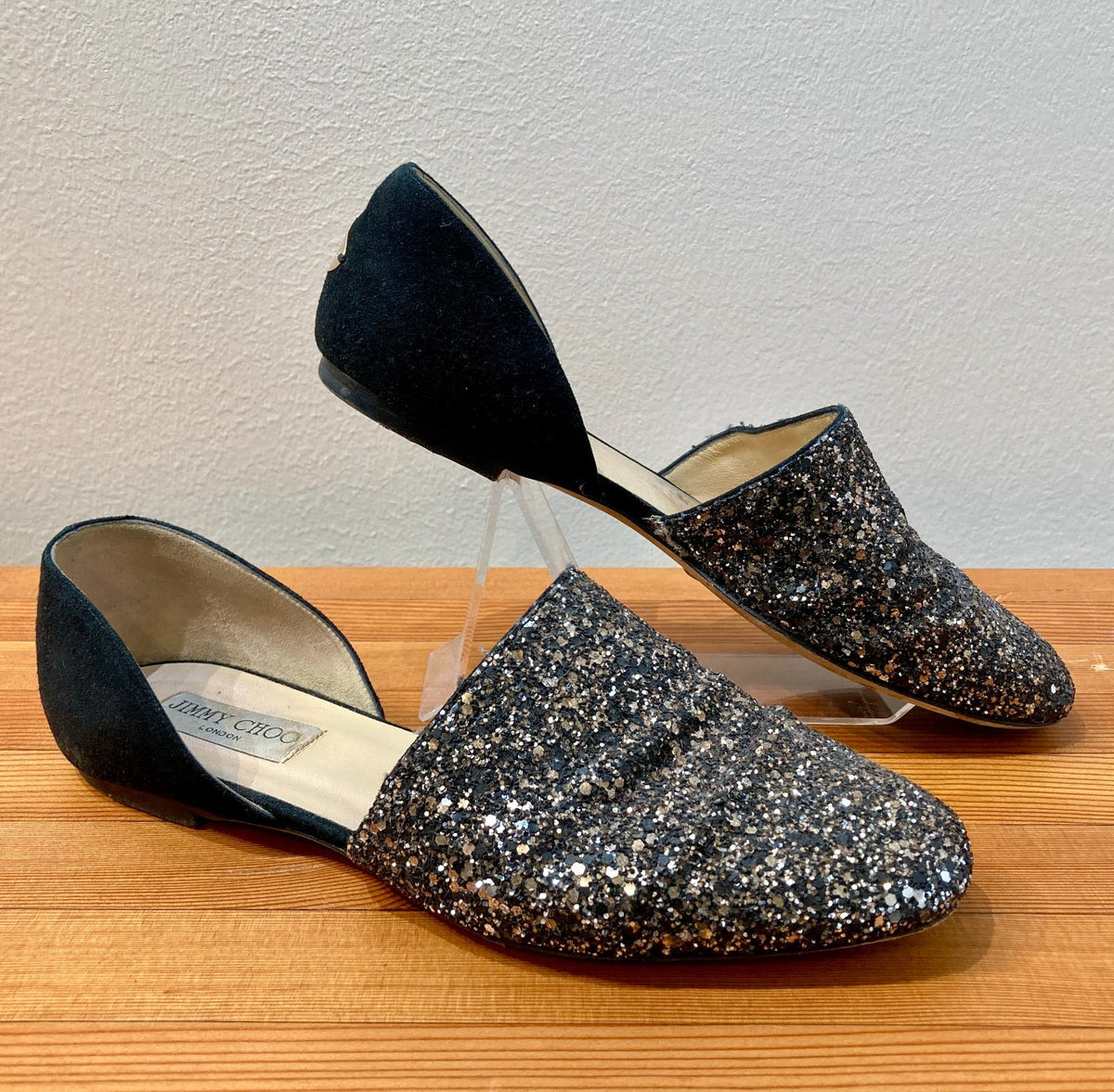 Jimmy Choo Black Coarse Glitter Globe D'Orsay Suede Flats - 37.5 / 7.5 - 0907LR
