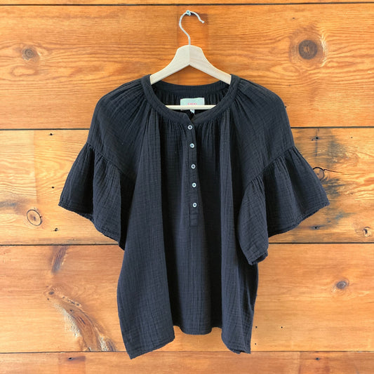 Xirena Black Gauze Cotton Henley Neck Short Sleeve Shirt Top - Size M - 4427SC