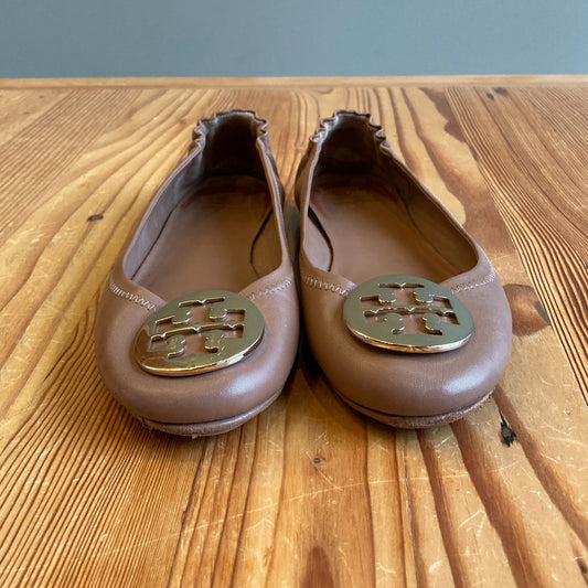 10 - Tory Burch Honey Brown Soft Leather Gold Emblem Reva Flats Shoes 0206BS