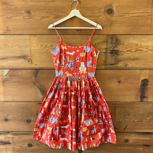 Bernie Dexter Red Puppy Dog Print Fit & Flare Sleeveless Dress - Size S - 0621AS