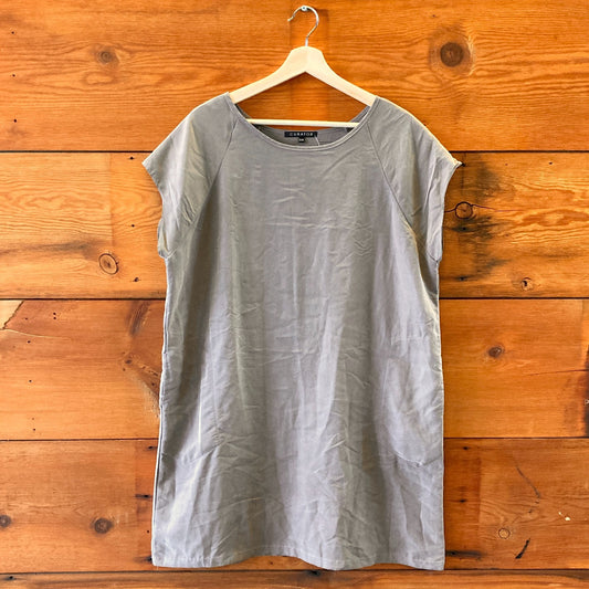 S/M - Curator Cement Gray Cap Sleeve Cupro Shift Dress w/ Pockets 0430KT