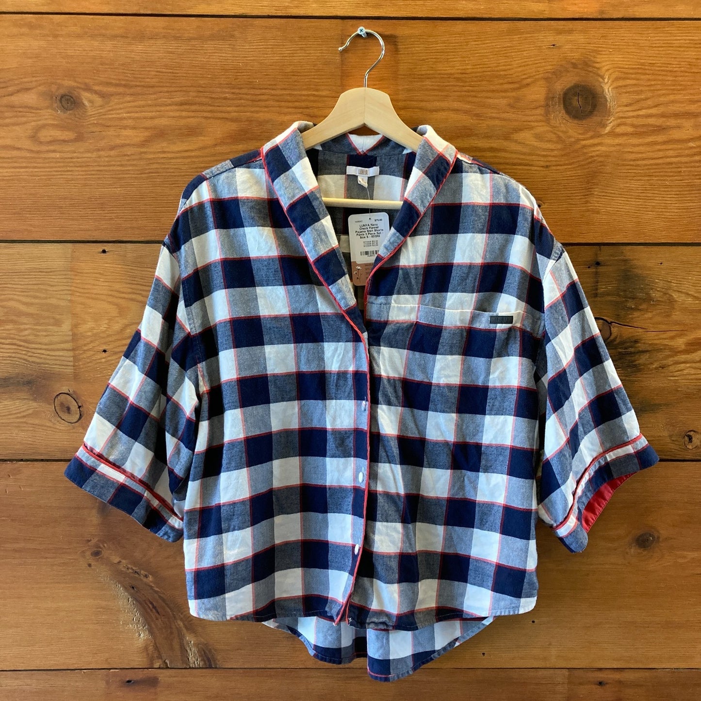 LUNYA Navy Check Flannel Pajama Shirt Shorts Pants 3 Piece Set - Size S - 0312IG