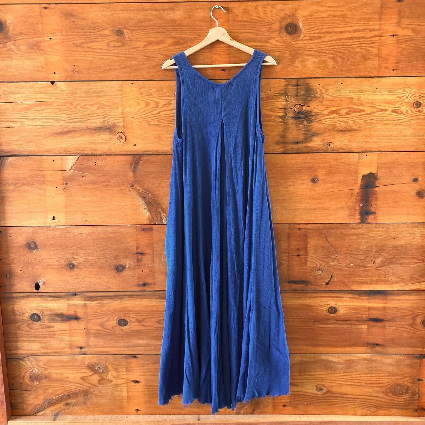 L - Black Crane Blue 100% Gauze Cotton Sleeveless Raw Hem Maxi Dress 0416JW