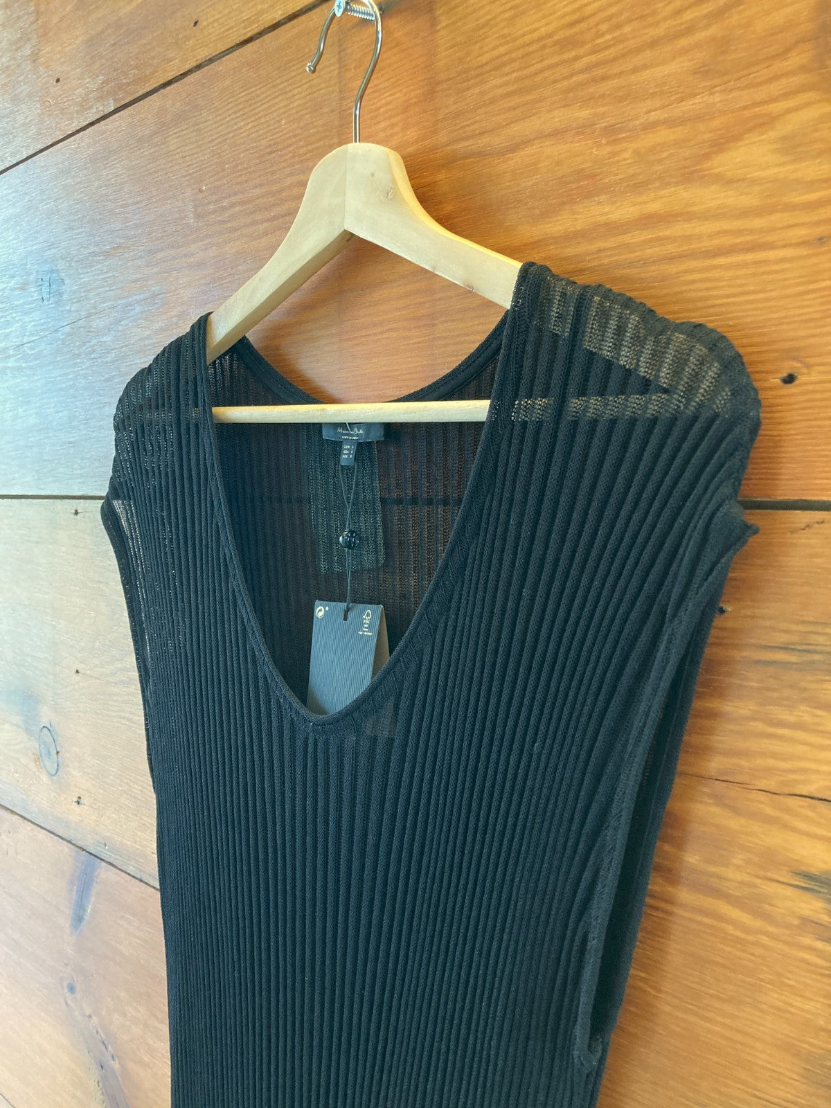 Massimo Dutti Black NEW Ribbed Knit Short Sleeve Dress w/ Slip - Size L - 0313AH