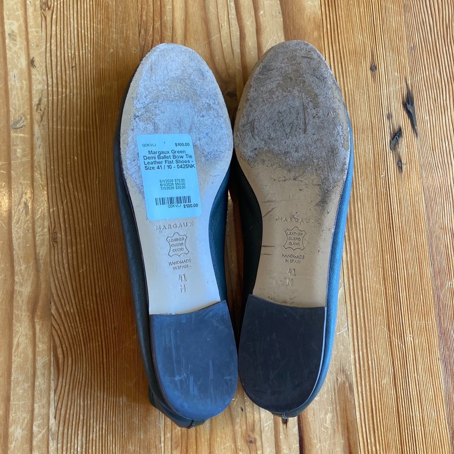 Margaux Green Demi Ballet Bow Tie Leather Flat Shoes - Size 41 / 10 - 0425NK