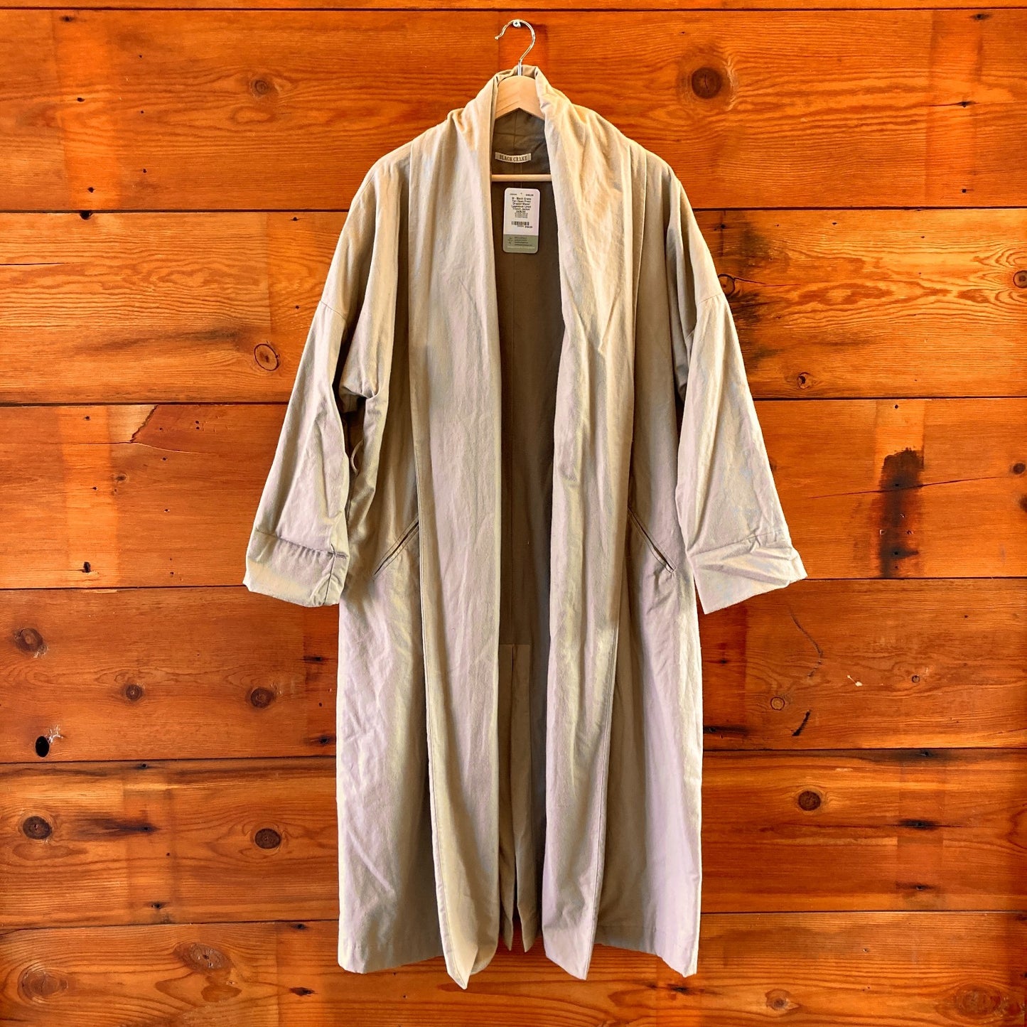 M - Black Crane Tan Open Front Draped Shawl Lagenlook Lined Trench Jacket 0416JW