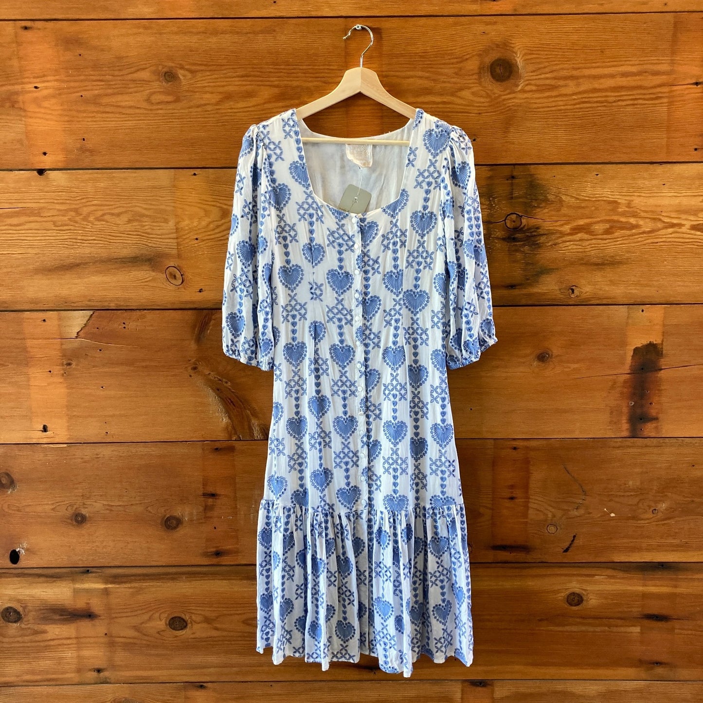 Johnny Was Blue White Embroidered Heart Motif Beau Midi Dress - Size XS - 0514CP