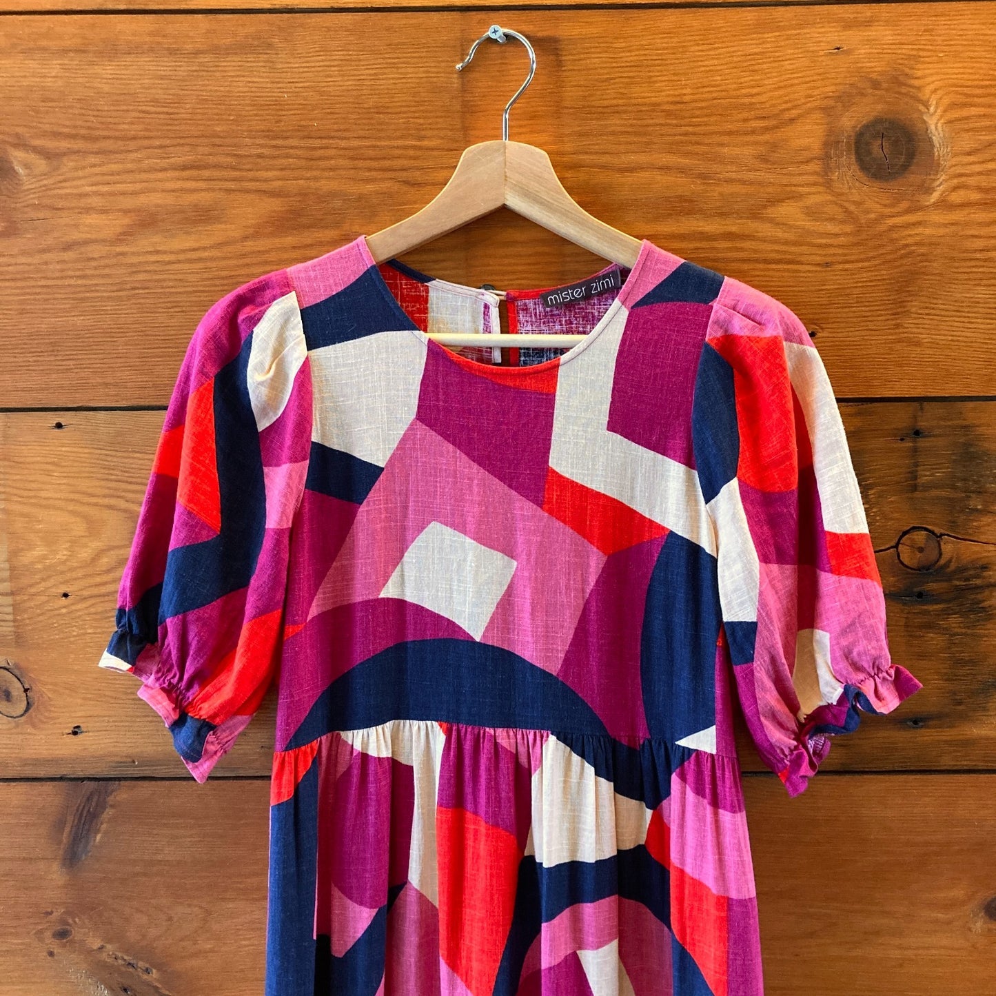 Mister Zimi Pink Geometric Colorblock Print Tiered Linen Dress - Size 2 - 0317SB
