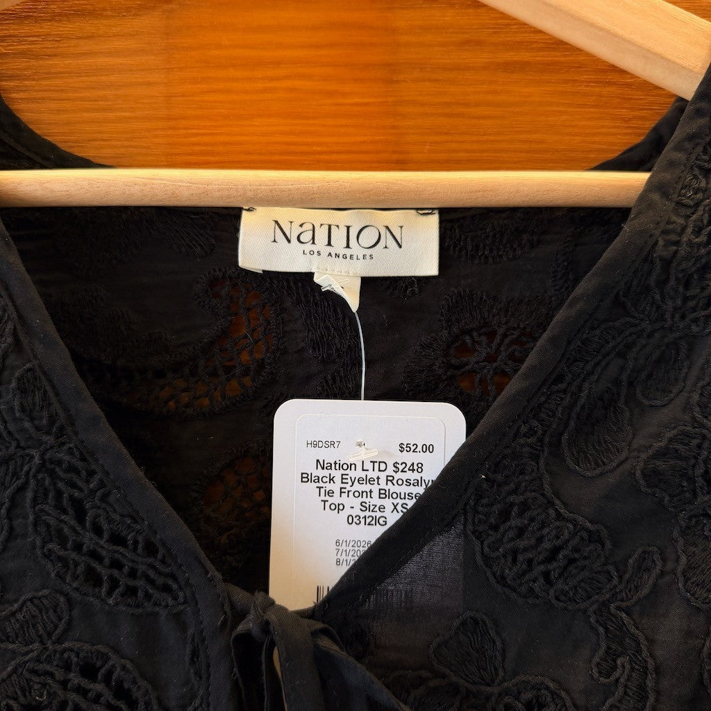 Nation LTD $248 Black Eyelet Rosalyn Tie Front Blouse Top - Size XS - 0312IG