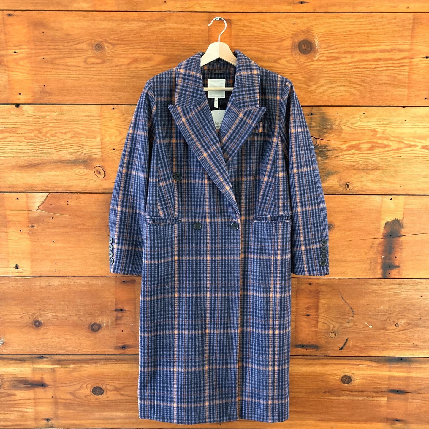 M - Avec les Filles Anthropologie Blue Plaid Long Coat *missing button 0507AH