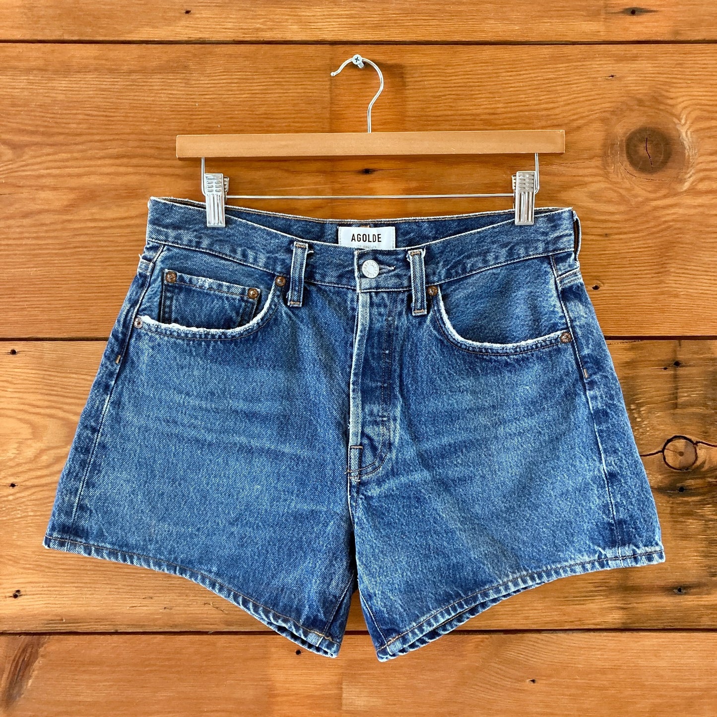 AGOLDE Medium Blue Denim Parker Long Button Fly Jean Shorts - Size 27 - 1125KG