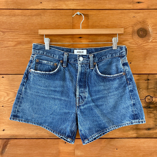 AGOLDE Medium Blue Denim Parker Long Button Fly Jean Shorts - Size 27 - 1125KG
