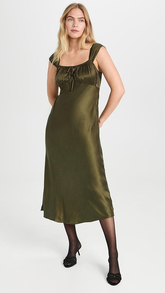 10 - Madewell $128 Olive Green Satin Square Neck Midi Length Dress NEW 0531AF
