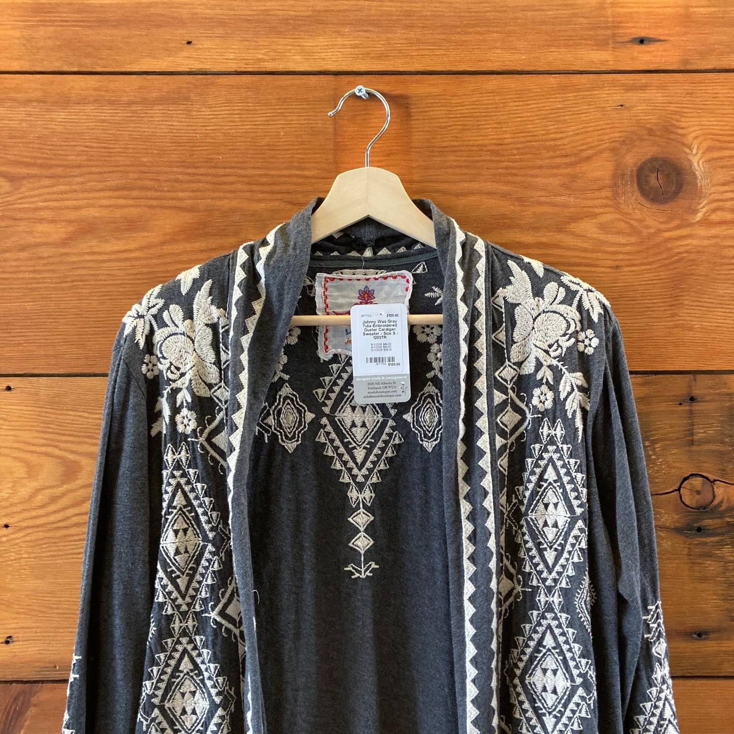 Johnny Was Gray Tulia Embroidered Duster Cardigan Sweater - Size S - 1203TR
